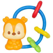 Orange fox face teether with blue ring and red yellow green grip pieces