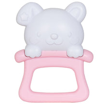 White bear face teether with pink U-shaped handle and small ear details