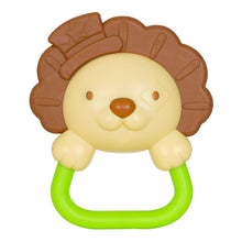 Brown lion face teether with green handle and ridged grip ring