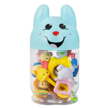 Blue bunny face dishwasher-safe teether with molded animal toys inside