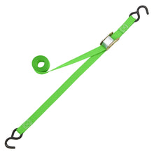 Green webbing tie-down strap with black end hooks and cam buckle, 1 in x 10 ft