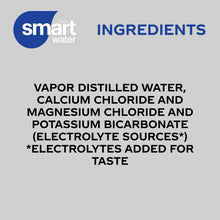 SmartWater ingredients panel listing vapor distilled water and electrolytes sources