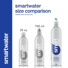 SmartWater size comparison with 1L, 700 ml, and 20 oz bottles shown