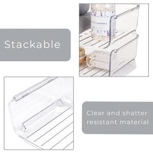 Clear stackable organizer with two-tier design and bottle holders with front grips