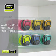 Clear stackable bottle organizer holding multiple colorful bottle and travel mug holders