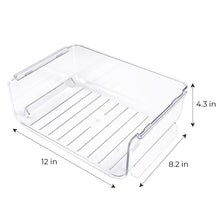 Clear stackable bottle organizer tray with ridged base and side handles, empty
