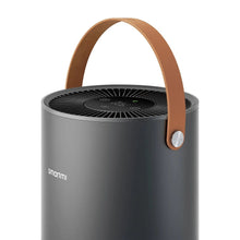 Air purifier top view with fan grille, dark casing, and brown carrying handle