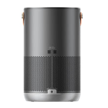 Air purifier back view with perforated air intake and dark cylindrical casing