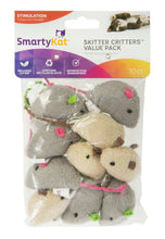 10-pack plush catnip mouse toys, gray and cream, with colorful string.