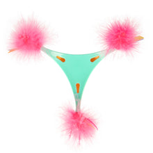 Interactive cat toy wand with teal shape and pink feather pom-poms