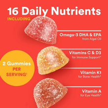 Kids multivitamin and omega gummies, three assorted gummy pieces