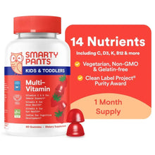 Kids multivitamin gummy supplement bottle with red cap, 14 nutrients label