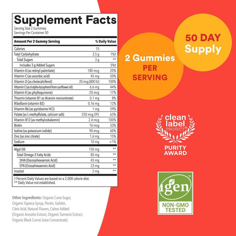 SmartyPants Kids Plus supplement facts panel on bottle back, 2 gummies per serving