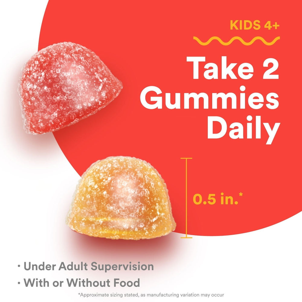 Heart-shaped red and yellow kids gummies shown for daily multivitamin use