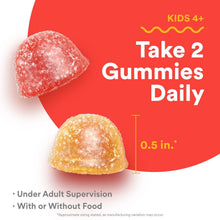 Heart-shaped red and yellow kids gummies shown for daily multivitamin use