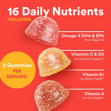 Omega-3 DHA & EPA gummy plus vitamin icons on kids multivitamin label