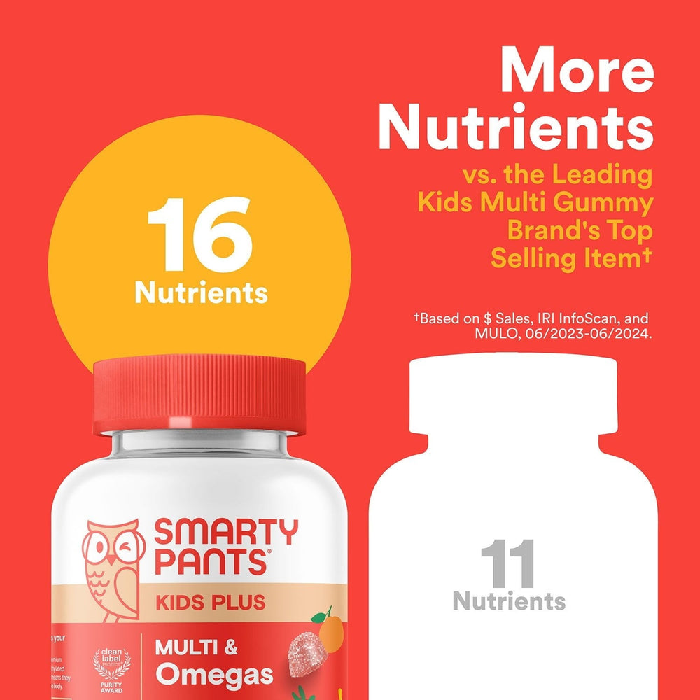 SmartyPants Kids Plus bottle with 'More Nutrients' graphic showing 16 nutrients
