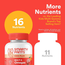 SmartyPants Kids Plus bottle with 'More Nutrients' graphic showing 16 nutrients