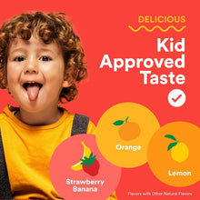 Child tasting gummy with orange, lemon, strawberry banana flavor callouts