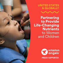Kids multivitamin marketing panel with child receiving care from Vitamin Angels