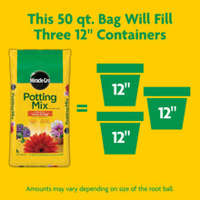 Potting mix bag next to three 12 in container size icons