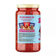 Raspberry fruit spread jar with back label and nutrition panel; red spread visible