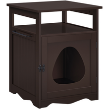 Espresso wooden cat litter box end table with front door and round opening