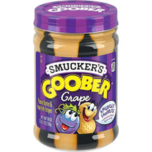 Peanut butter and grape jelly jar with purple lid and striped front label