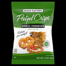 Pretzel Crisps Garlic Parmesan deli style crackers bag, green and white label
