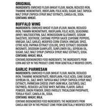 Pretzel Crisps ingredient list panel with Original, Buffalo Wing, and Garlic Parmesan
