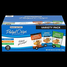 Pretzel Crisps variety pack box showing Original, Buffalo Wing, Garlic Parmesan