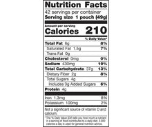 Snack mix Nutrition Facts panel with calories, fat, carbs, and protein per serving