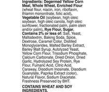Snack mix ingredients list with corn and wheat; contains wheat and soy