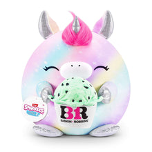Unicorn plush toy with pink mane, silver ears, and pastel rainbow body