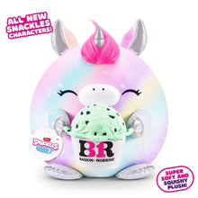 Unicorn plush toy with pink mane, green belly graphic, and pastel rainbow body