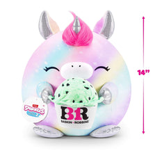 Unicorn plush toy with pink mane, green belly detail, and pastel rainbow body