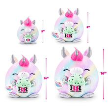 Unicorn plush toy with pink mane, silver ears, and green cactus-like belly on rainbow body