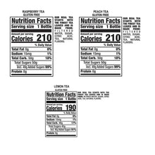 Nutrition facts panels for raspberry, peach, and lemon tea bottles