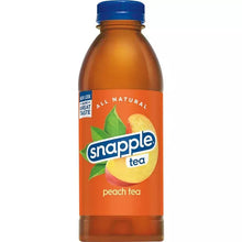 Snapple tea bottle labeled peach tea with blue cap