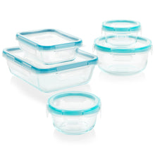 Glass food storage containers with blue snap-on lids, rectangular and round set