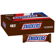 Snickers 48-count chocolate bars carton with a single wrapped bar
