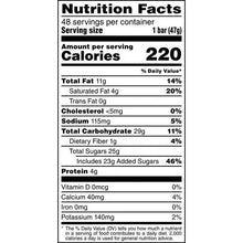 Nutrition Facts panel for chocolate candy bar, listing calories and nutrients