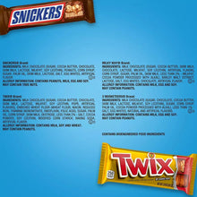Chocolate variety pack back panel with bar info and a Twix chocolate bar