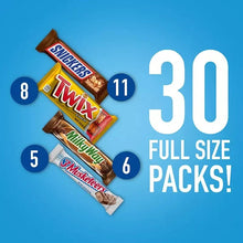 Assorted Snickers, Twix, Milky Way, and 3 Musketeers bars in a 30-pack layout