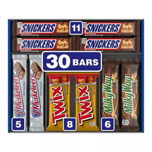 Chocolate candy bar variety pack box showing Snickers, Twix, Milky Way, 3 Musketeers