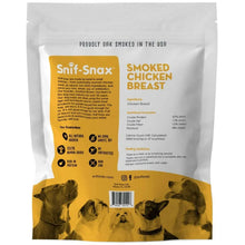 Smoked chicken breast dog treat bag, back panel with ingredient and nutrition details