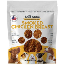 Smoked chicken breast dog treat bag, white package with Snit-Snax logo