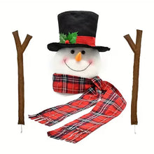 Snowman tree topper, front view: black top hat, red plaid scarf, and twig-style arms