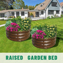 Two brown raised garden beds on grass, each filled with blooming flowers