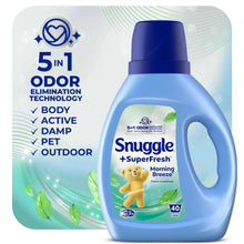 Snuggle SuperFresh liquid fabric softener bottle, Morning Breeze front label